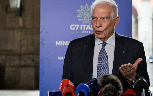 High Representative of the European Union for Foreign Affairs and Security Policy Josep Borrell speaks to the press after a morning roundtable as part of the Group of Seven (G7) Defense Ministers Summit at the Palazzo Reale in Naples, Italy, on October 19, 2024. (Tiziana Fabi/AFP)