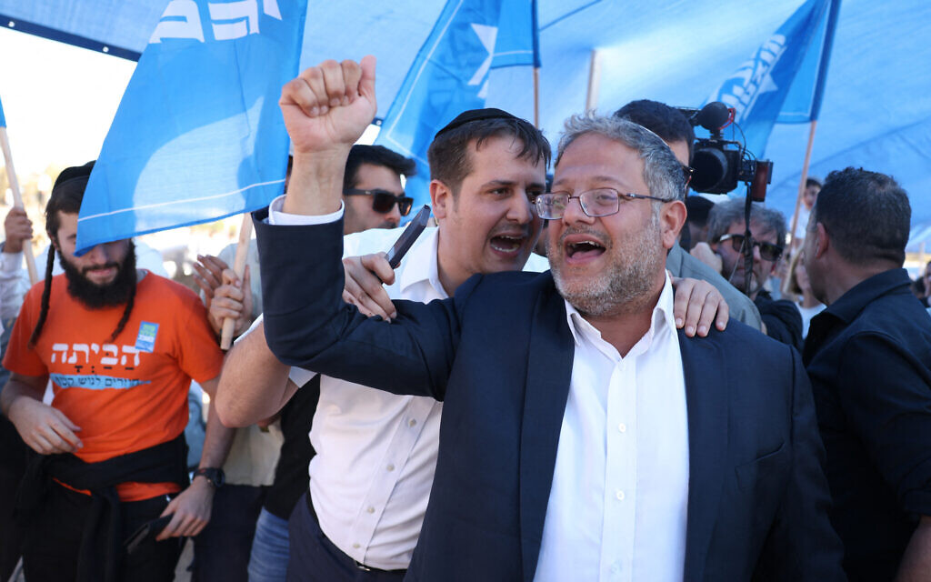 Far-right minister Itamar Ben Gvir attends a gathering by right-wing activists near the border with Gaza on October 21, 2024, calling to establish a new Jewish settlement in the Gaza Strip (Photo by Menahem KAHANA / AFP)