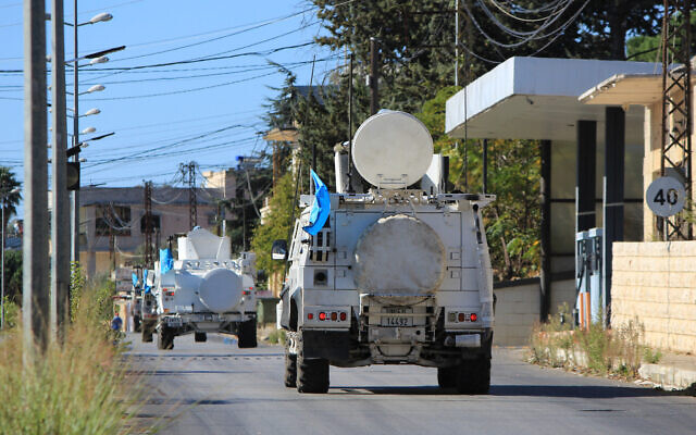 Armored vehicles of the United Nations Interim Force in Lebanon (UNIFIL) patrol the Marjayoun area in southern Lebanon on October 24, 2024. (AFP)