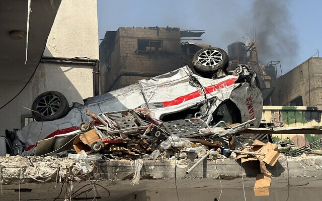 A picture shows the damage to an ambulance at the Kamal Adwan Hospital in Beit Lahiya in the northern Gaza Strip on October 26, 2024. (AFP)