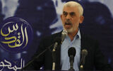 Yahya Sinwar, head of the Hamas terror group, delivers a speech in Gaza City, April 30, 2022. (AP Photo/Adel Hana)