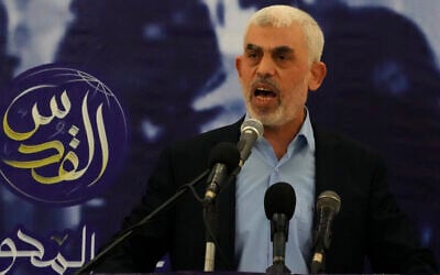 Yahya Sinwar, head of the Hamas terror group, delivers a speech in Gaza City, April 30, 2022. (AP Photo/Adel Hana)