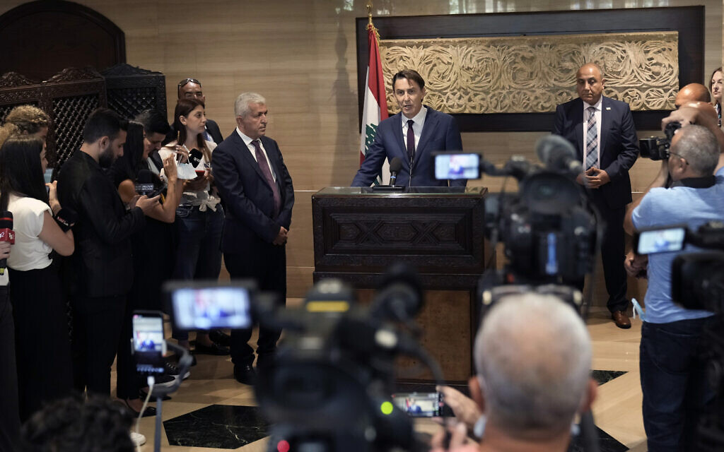 US Special envoy Amos Hochstein, center, gives a statement to the media after his meeting with Parliament Speaker Nabih Berri in Beirut, Lebanon, Tuesday, June 18, 2024. (AP Photo/Bilal Hussein) US Special envoy Amos Hochstein, center, gives a statement to the media after his meeting with Parliament Speaker Nabih Berri in Beirut, Lebanon, Tuesday, June 18, 2024. (AP Photo/Bilal Hussein)