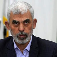 Head of Hamas in Gaza Yahya Sinwar chairs a meeting with leaders of Palestinian factions at his office in Gaza City, April 13, 2022. (AP Photo/Adel Hana, File)