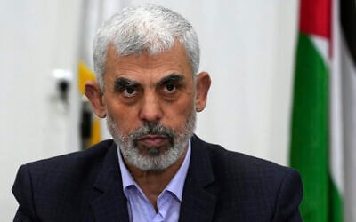 Head of Hamas in Gaza Yahya Sinwar chairs a meeting with leaders of Palestinian factions at his office in Gaza City, April 13, 2022. (AP Photo/Adel Hana, File)
