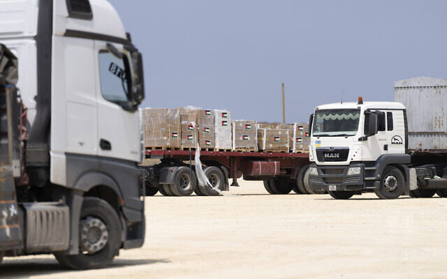 File: Boxes from Jordan wait in an inspection area for trucks carrying humanitarian aid supplies bound for the Gaza Strip, on the Palestinian side of the Erez crossing between southern Israel and Gaza, May 1, 2024. (AP Photo/Ohad Zwigenberg)