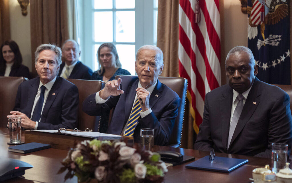 US President Joe Biden flanked Secretary of State Antony Blinken, left, and Secretary of Defense Lloyd Austin, right, speaks during a meeting with the members of his cabinet in the Cabinet Room of the White House, September 20, 2024. (Manuel Balce Ceneta/AP) US President Joe Biden flanked Secretary of State Antony Blinken, left, and Secretary of Defense Lloyd Austin, right, speaks during a meeting with the members of his cabinet in the Cabinet Room of the White House, September 20, 2024. (Manuel Balce Ceneta/AP)
