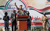 Houthi military spokesman Yahya Saree speaks during a rally against the US and Israel in Sanaa, Yemen, September 27, 2024. (AP Photo/Osamah Abdulrahman)