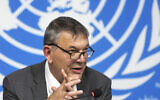 Philippe Lazzarini, Commissioner General of the United Nations Relief and Works Agency for Palestinian Refugees in the Near East (UNRWA), speaks during a press conference at the European headquarters of the United Nations in Geneva, Switzerland, September 30, 2024. (Salvatore Di Nolfi/Keystone via AP)