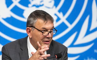 Philippe Lazzarini, Commissioner General of the United Nations Relief and Works Agency for Palestinian Refugees in the Near East (UNRWA), speaks during a press conference at the European headquarters of the United Nations in Geneva, Switzerland, September 30, 2024. (Salvatore Di Nolfi/Keystone via AP) Philippe Lazzarini, Commissioner General of the United Nations Relief and Works Agency for Palestinian Refugees in the Near East (UNRWA), speaks during a press conference at the European headquarters of the United Nations in Geneva, Switzerland, September 30, 2024. (Salvatore Di Nolfi/Keystone via AP)