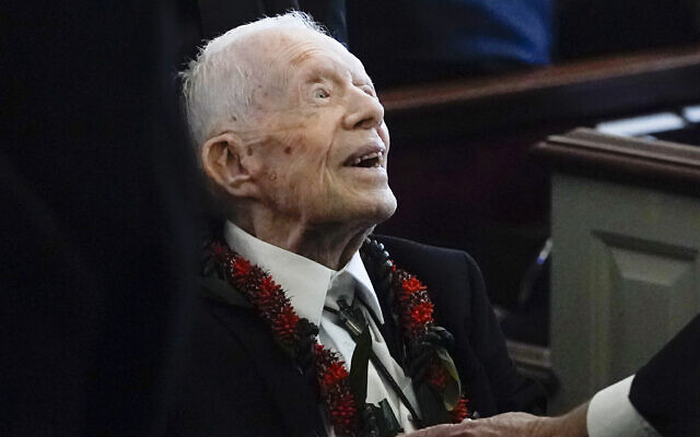 FILE - Former US president Jimmy Carter greets attendees as he departs the funeral service for his wife, former first lady Rosalynn Carter, at Maranatha Baptist Church in Plains, Ga., November 29, 2023. (AP Photo/Alex Brandon, Pool, File) FILE - Former US president Jimmy Carter greets attendees as he departs the funeral service for his wife, former first lady Rosalynn Carter, at Maranatha Baptist Church in Plains, Ga., November 29, 2023. (AP Photo/Alex Brandon, Pool, File)