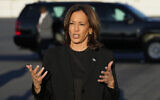 Democratic presidential nominee Vice President Kamala Harris speaks to reporters before boarding Air Force Two at Charlotte Douglas International Airport, October 5, 2024. (AP/Chris Carlson)