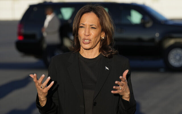 Democratic presidential nominee Vice President Kamala Harris speaks to reporters before boarding Air Force Two at Charlotte Douglas International Airport, October 5, 2024. (AP/Chris Carlson) Democratic presidential nominee Vice President Kamala Harris speaks to reporters before boarding Air Force Two at Charlotte Douglas International Airport, October 5, 2024. (AP/Chris Carlson)