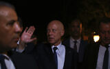 Tunisian president and candidate for reelection Kais Saied joins his supporters after the announcement of the provisional results for the presidential elections, in the capital Tunis, Tunisia, October 6, 2024. (Anis Mili/AP)
