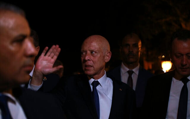 Tunisian president and candidate for reelection Kais Saied joins his supporters after the announcement of the provisional results for the presidential elections, in the capital Tunis, Tunisia, October 6, 2024. (Anis Mili/AP)