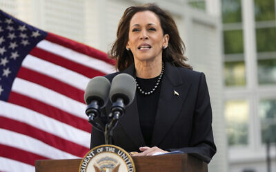 Democratic presidential nominee US Vice President Kamala Harris speaks before planting a memorial tree on the grounds of the Vice President's residence in Washington on Oct. 7, 2024, to honor the victims and mark one year since the Oct. 7, 2023, Hamas attack on Israel. (AP Photo/Ben Curtis)