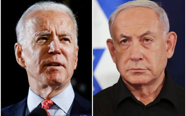 This combination image shows, from left; President Joe Biden, on March 12, 2020, in Wilmington, Del., and Israeli Prime Minister Benjamin Netanyahu on Oct. 28, 2023, in Tel Aviv, Israel. (AP Photo) This combination image shows, from left; President Joe Biden, on March 12, 2020, in Wilmington, Del., and Israeli Prime Minister Benjamin Netanyahu on Oct. 28, 2023, in Tel Aviv, Israel. (AP Photo)