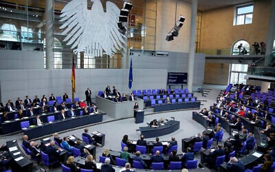 German Foreign Minister Annalena Baerbock speaks during a special session of parliament marking the first anniversary of the Hamas assault on Israel, at the German Bundestag in Berlin, Germany, Thursday, October 10, 2024. (AP Photo/Ebrahim Noroozi)
