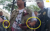 This image from police-worn body camera, and provided and annotated by the US Justice Department, in the affidavit to support the criminal complaint and arrest warrant for Zachary Allen Kam, shows Kam during his arrest July 24, 2024, during protests in Washington against Prime Minister Benjamin Netanyahu's address to the US Congress. (US Department of Justice via AP)