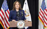 Democratic presidential nominee Vice President Kamala Harris speaks about the killing of Hamas's top leader Yahya Sinwar in a battle with Israeli forces in Gaza, on October 17, 2024, following a campaign rally at the University of Wisconsin Milwaukee. (AP Photo/ Jacquelyn Martin)