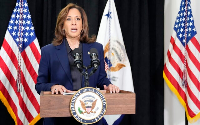Democratic presidential nominee Vice President Kamala Harris speaks about the killing of Hamas's top leader Yahya Sinwar in a battle with Israeli forces in Gaza, on October 17, 2024, following a campaign rally at the University of Wisconsin Milwaukee. (AP Photo/ Jacquelyn Martin)