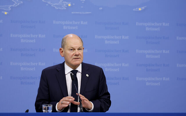 Germany's Chancellor Olaf Scholz speaks during a media conference at an European Union summit in Brussels, October 17, 2024. (Geert Vanden Wijngaert/AP) Germany's Chancellor Olaf Scholz speaks during a media conference at an European Union summit in Brussels, October 17, 2024. (Geert Vanden Wijngaert/AP)