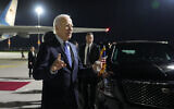 US President Joe Biden speaks after arriving at Brandenburg Airport in Schoenefeld near Berlin, Germany, October 17, 2024. (Ben Curtis/AP)