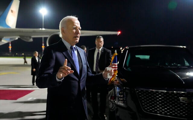 US President Joe Biden speaks after arriving at Brandenburg Airport in Schoenefeld near Berlin, Germany, October 17, 2024. (Ben Curtis/AP) US President Joe Biden speaks after arriving at Brandenburg Airport in Schoenefeld near Berlin, Germany, October 17, 2024. (Ben Curtis/AP)