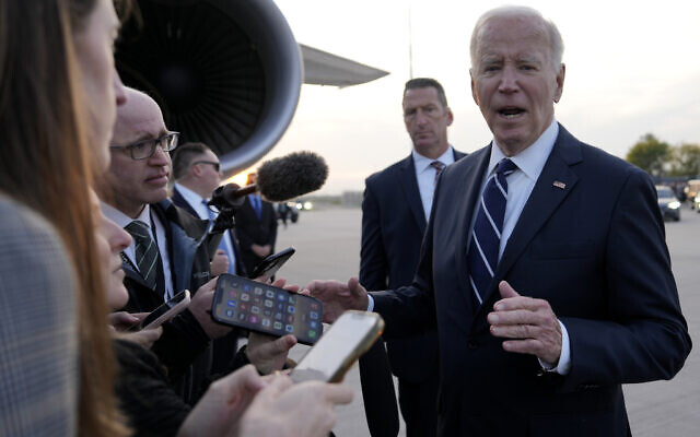 President Joe Biden talks to the media before departing from the Brandenburg Airport in Berlin, Germany, Friday, Oct. 18, 2024. (AP Photo/Ben Curtis) President Joe Biden talks to the media before departing from the Brandenburg Airport in Berlin, Germany, Friday, Oct. 18, 2024. (AP Photo/Ben Curtis)