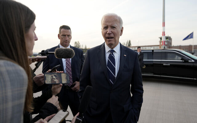 US President Joe Biden talks to the media before departing from the Brandenburg Airport in Berlin, Germany, October 18, 2024. (AP Photo/Ben Curtis) US President Joe Biden talks to the media before departing from the Brandenburg Airport in Berlin, Germany, October 18, 2024. (AP Photo/Ben Curtis)