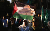 Illustrative: A woman holds a Palestinian flag, with the image of the Dome of Rock on it, during an anti-Israel protest to honor Hamas leader Yahya Sinwar, who was killed by Israeli forces in Gaza on Wednesday, in Istanbul, Turkey, October 19, 2024. (AP Photo/Francisco Seco)
