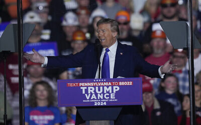 Republican presidential nominee former President Donald Trump speaks at a campaign rally, October 19, 2024, at Arnold Palmer Regional Airport in Latrobe, Pennsylvania. (AP Photo/Matt Rourke)