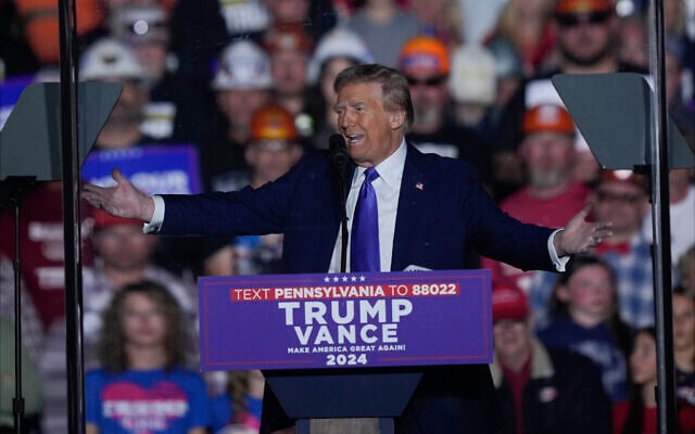 Republican presidential nominee former President Donald Trump speaks at a campaign rally, October 19, 2024, at Arnold Palmer Regional Airport in Latrobe, Pennsylvania. (AP Photo/Matt Rourke) Republican presidential nominee former President Donald Trump speaks at a campaign rally, October 19, 2024, at Arnold Palmer Regional Airport in Latrobe, Pennsylvania. (AP Photo/Matt Rourke)
