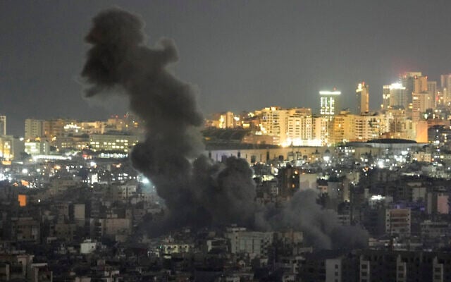 Smoke rise from an Israeli airstrike on Dahiyeh in the south of Beirut, Lebanon, Sunday, October 20, 2024. (AP/Hussein Malla) Smoke rise from an Israeli airstrike on Dahiyeh in the south of Beirut, Lebanon, Sunday, October 20, 2024. (AP/Hussein Malla)