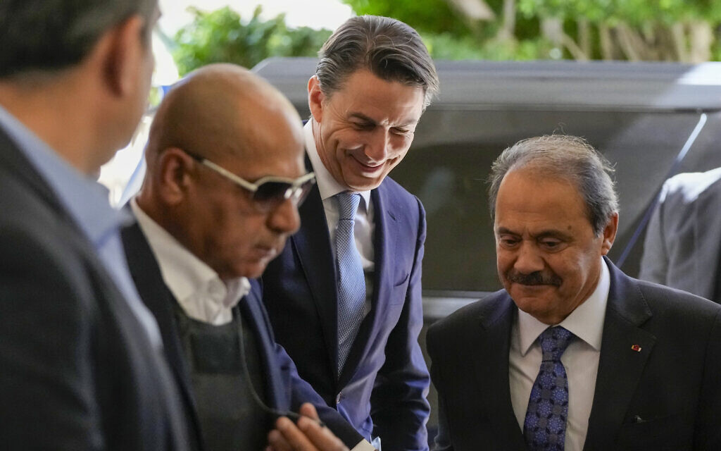 Amos Hochstein, a senior adviser to US President Joe Biden, center, arrives to meet with Hezbollah-allied Lebanese Parliament speaker Nabih Berri, in Beirut, October 21, 2024. (AP Photo/Hassan Ammar)