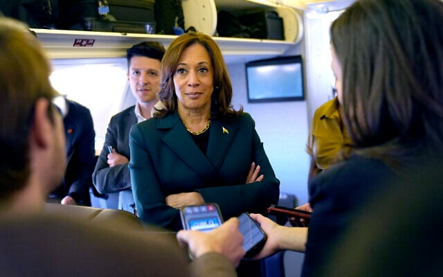Democratic presidential nominee Vice President Kamala Harris speaks with members of the press on board Air Force Two at Philadelphia International Airport, October 21, 2024, in Philadelphia, before departing to Michigan. (AP Photo/Jacquelyn Martin, Pool) Democratic presidential nominee Vice President Kamala Harris speaks with members of the press on board Air Force Two at Philadelphia International Airport, October 21, 2024, in Philadelphia, before departing to Michigan. (AP Photo/Jacquelyn Martin, Pool)