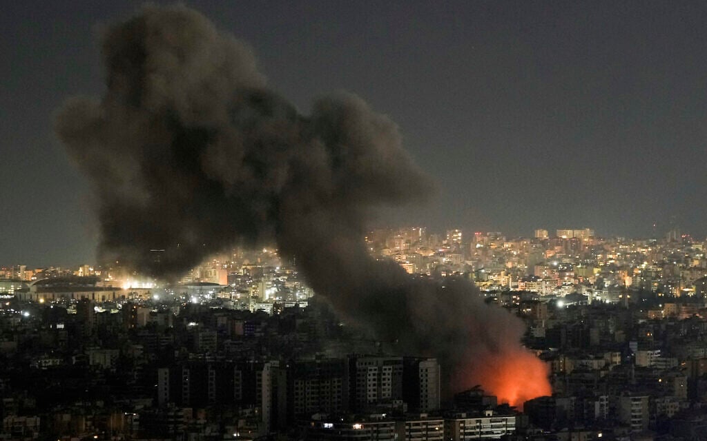 Flames and smoke rise form an Israeli airstrike on Dahiyeh, in the southern suburb of Beirut, Lebanon, Monday, Oct. 21, 2024. (AP/Bilal Hussein)