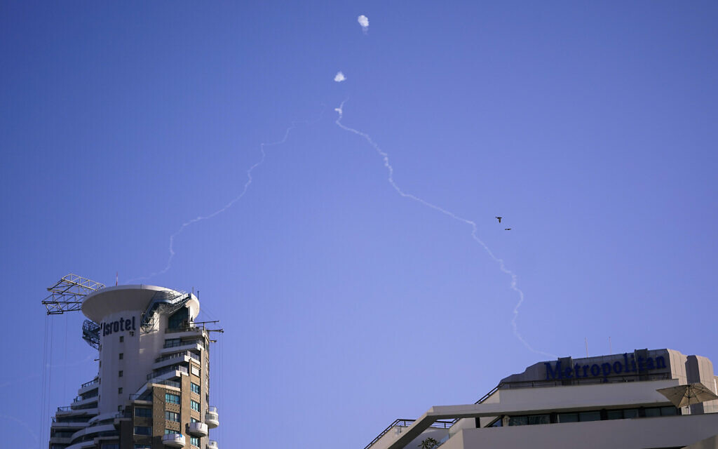 Israel's Iron Dome anti-missile system fires to intercept as air raid sirens sound in Tel Aviv, Oct. 23, 2024. (Nathan Howard/Pool via AP)