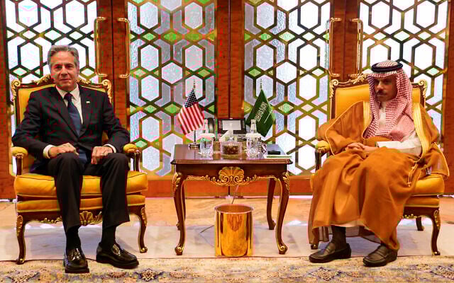 US Secretary of State Antony Blinken, left, meets Saudi Foreign Minister Prince Faisal bin Farhan in Riyadh, Saudi Arabia, Wednesday, Oct. 23, 2024. (Nathan Howard/Pool Photo via AP) US Secretary of State Antony Blinken, left, meets Saudi Foreign Minister Prince Faisal bin Farhan in Riyadh, Saudi Arabia, Wednesday, Oct. 23, 2024. (Nathan Howard/Pool Photo via AP)
