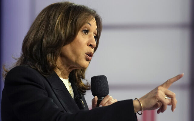 Democratic presidential nominee and US Vice President Kamala Harris speaks during a CNN town hall in Aston, Pennsylvania, October 23, 2024. (AP/Matt Rourke) Democratic presidential nominee and US Vice President Kamala Harris speaks during a CNN town hall in Aston, Pennsylvania, October 23, 2024. (AP/Matt Rourke)