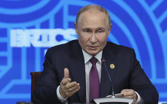 Russian President Vladimir Putin holds a press conference at BRICS Summit in Kazan, Russia, October 24, 2024. (Maxim Shipenkov/Pool Photo via AP) Russian President Vladimir Putin holds a press conference at BRICS Summit in Kazan, Russia, October 24, 2024. (Maxim Shipenkov/Pool Photo via AP)