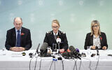 Professor Tim Atkins, Merseyside Police Chief Constable Serena Kennedy, and Dr Renu Bindra meet the press at Merseyside Police Headquarters, Liverpool, England, Tuesday, October 29, 2024. (Danny Lawson/PA via AP)