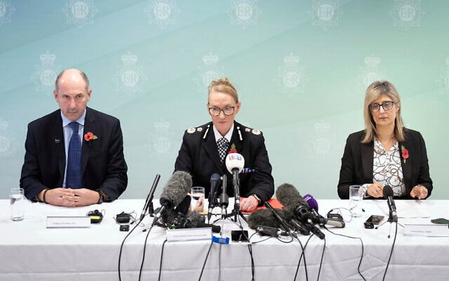 Professor Tim Atkins, Merseyside Police Chief Constable Serena Kennedy, and Dr Renu Bindra meet the press at Merseyside Police Headquarters, Liverpool, England, Tuesday, October 29, 2024. (Danny Lawson/PA via AP) Professor Tim Atkins, Merseyside Police Chief Constable Serena Kennedy, and Dr Renu Bindra meet the press at Merseyside Police Headquarters, Liverpool, England, Tuesday, October 29, 2024. (Danny Lawson/PA via AP)
