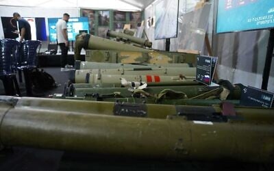 Hezbollah weapons and equipment recovered by the IDF from Lebanon in recent months, are shown on display at the IDF Northern Command in Safed, October 1, 2024 (Emanuel Fabian/Times of Israel)