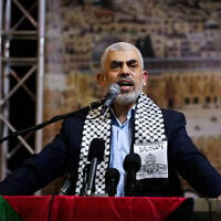 Senior Hamas leader in Gaza, Yahya Sinwar, speaks during a conference in Gaza City, on November 4, 2019. (Abed Rahim Khatib/ Flash90/ File)