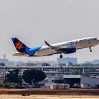 An Israir flight takes off from Ben Gurion International Airport, outside of Tel Aviv, August 25, 2024. (Yossi Aloni/Flash90)