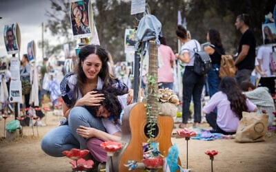 Friends and family of the victims of the Nova music festival massacre gather at the site of the massacre in southern Israel one year after the brutal assault, October 7, 2024. (Yonatan Sindel/Flash90)