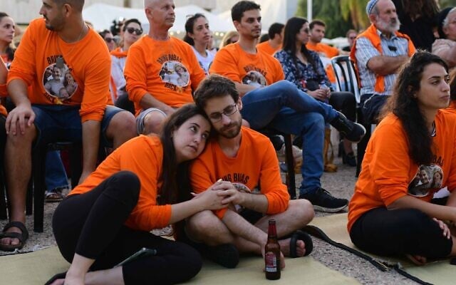 Relatives of Israeli hostage Yarden Bibas and others mark his 35th birthday in Hamas captivity, at Hostage Square in Tel Aviv, October 9, 2024. (Tomer Neuberg/Flash90)