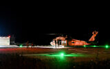 A military helicopter is seen after evacuating people wounded in a Hezbollah drone attack at Rambam Medical Center in Haifa, October 13, 2024 (Flash90)
