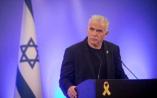 Opposition chief Yair Lapid speaks during a faction meeting in Tel Aviv, October 14, 2024. (Miriam Alster/Flash90) Opposition chief Yair Lapid speaks during a faction meeting in Tel Aviv, October 14, 2024. (Miriam Alster/Flash90)
